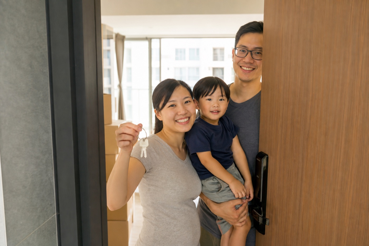 A PR family at the door of their first home in Singapore